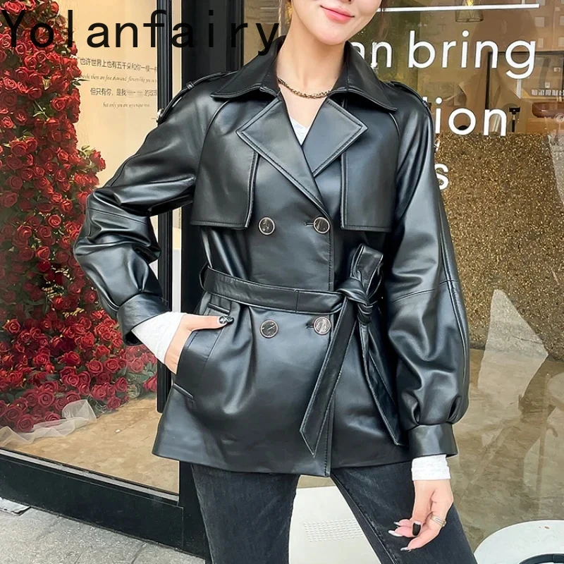 

Real Leather Jacket Women Mid-length Genuine Sheepskin Coat Belted Leather Coats and Jackets Elegant Blazers Casaco Feminino