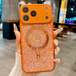 Luxury Sparkle Diamond Rhinestone Magnetic Case with Wireless Charging Bumper Cover - iPhone 15 (Orange)