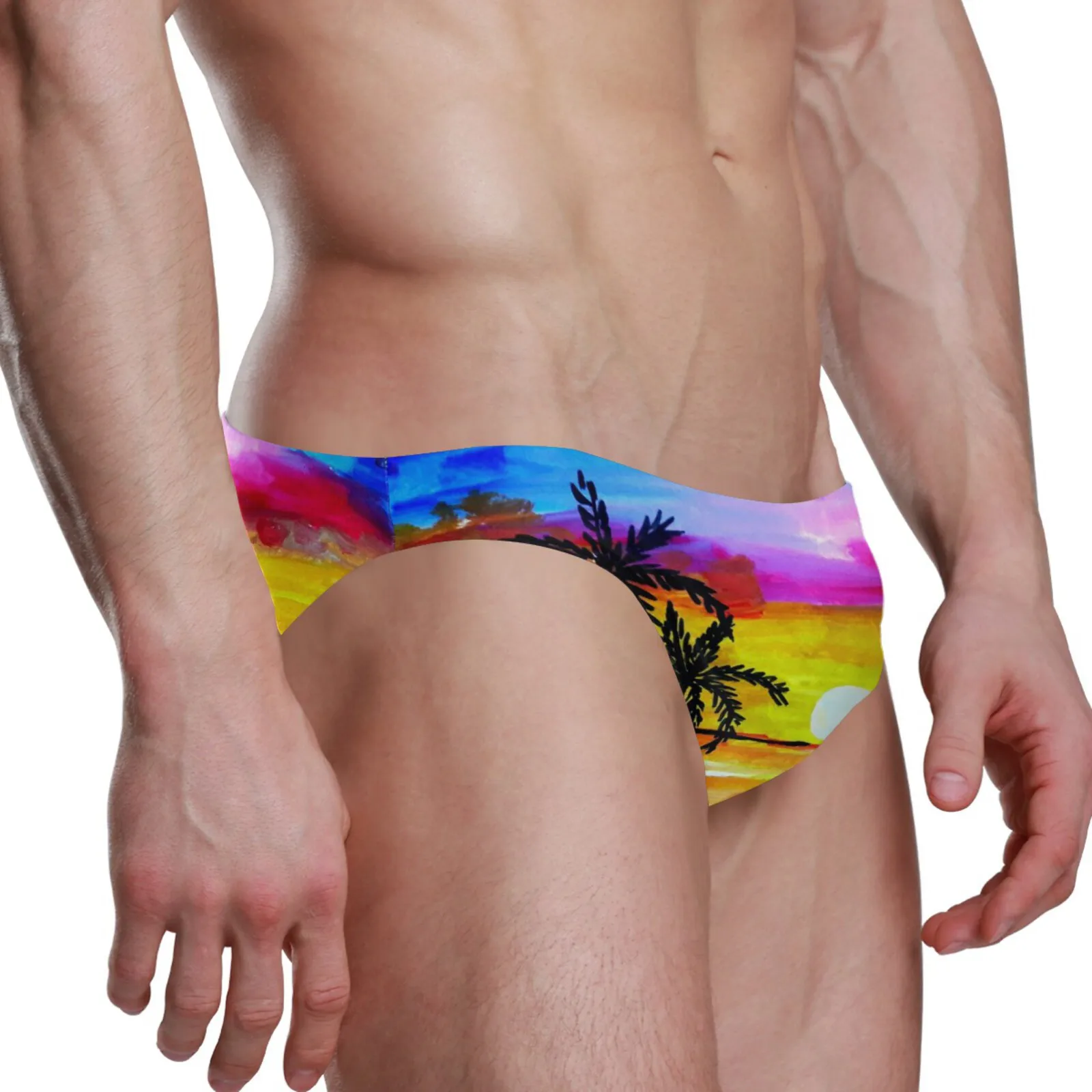 New Men Sexy Summer Swimsuit Briefs Low Waist Bathing Suit Bulge Beach Wear Palm Tree Sunset Print Short Sport Homme Swim Bikini 3