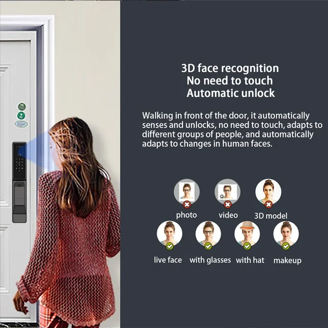 Alexa Voice Control Smart Door Lock Tuya APP 3D Face Recognition Electronic Digital Smart Door Lock With Camera 2
