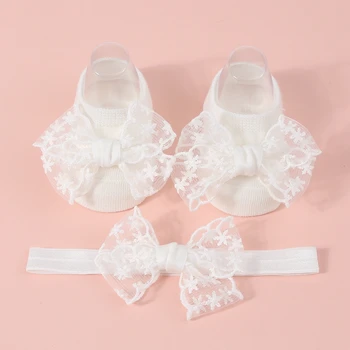 Calzini carini per neonate con set di fasce per capelli Calzini da principessa in maglia con fiocco in pizzo per feste, matrimoni, baby shower 1