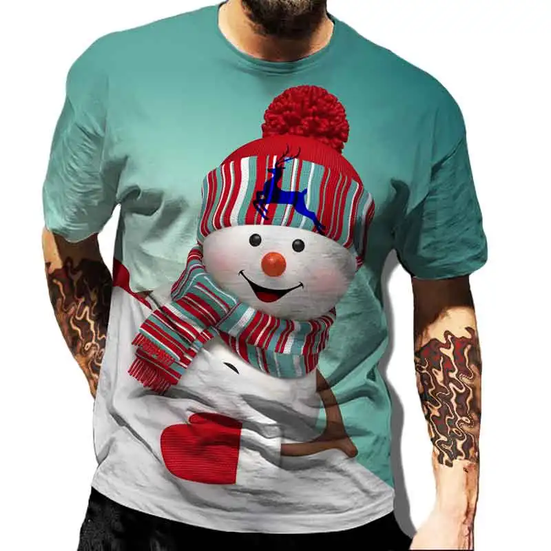 

Men's Green T-shirt Merry Christmas Cute Snowman Graphic 3d Printed Short Sleeved Round Neck Pullover Oversized Men's Clothing
