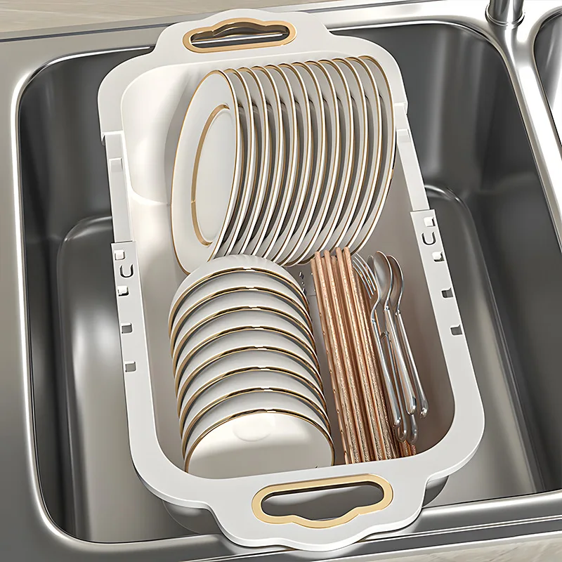 1pcs 35x21cm Drain Basket Hanging Bag Without Punching Adjustable Kitchen Dishwashing Telescoping Rack Vegetable Washing Basket