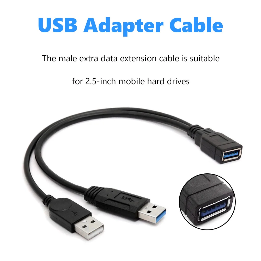 추가 전원 데이터 Y 연장 케이블 USB 3.0 암-듀얼 USB 타입 A 수 전원 분배기 케이블 (모바일 하드 디스크 PC 하드웨어용)