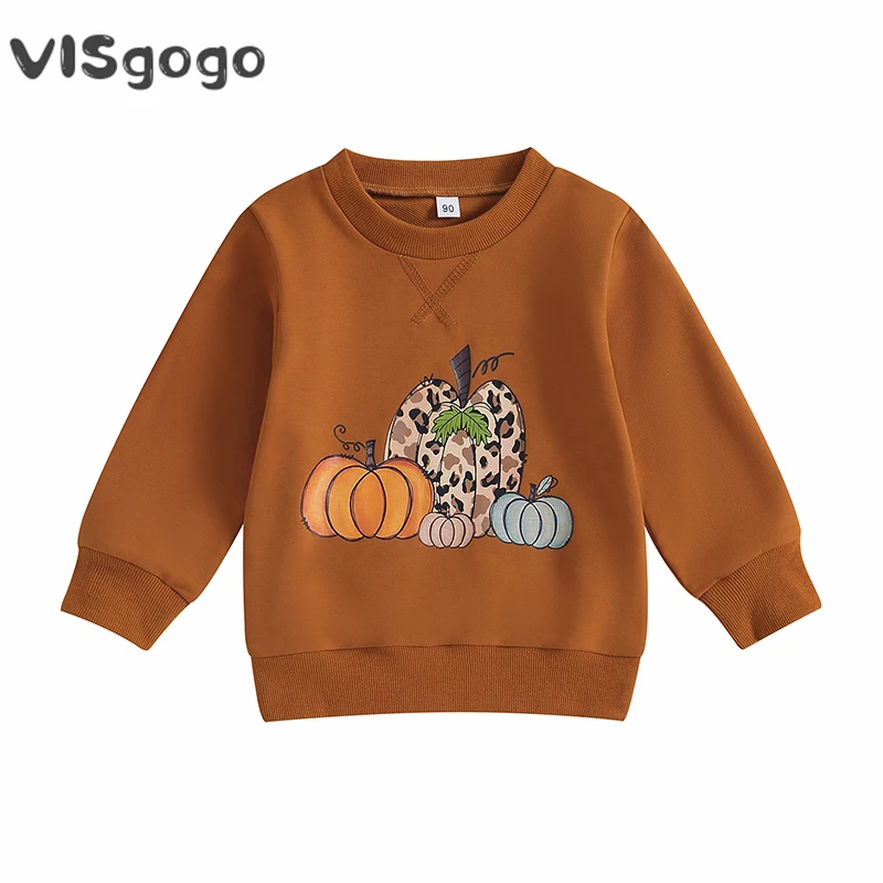 

VISgogo Toddler Boys Girls Autumn Sweatshirts Brown Long Sleeve Pumpkin Print Crew Neck Pullover Tops Halloween Clothes