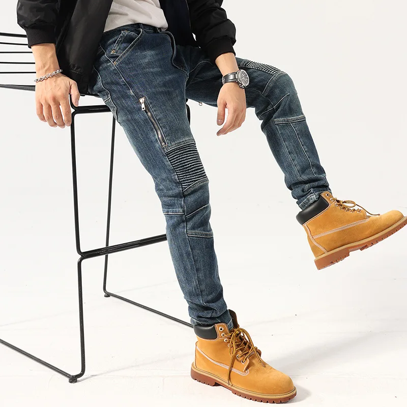 High Street Fashion Men Jeans Retro Blue Slim Fit Spliced Biker Jeans Homme Zipper Designer Hip Hop Pants Men Wrinkled Trousers