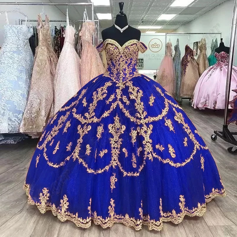 Delicate Off Shoulder Quincenera Sparkly Ball Gown Golden Appliqued Prom Party Robe De Soiree Celebrity 15 Ans Vestidos Fiesta quinceanera dresses