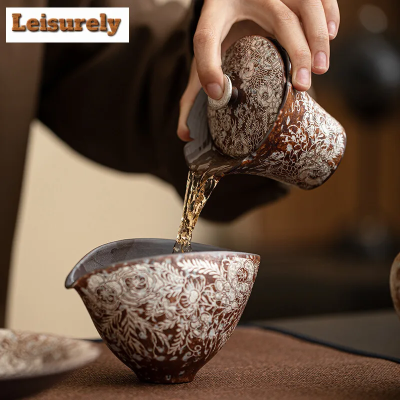 150ml Retro Gilded Silver Flower Mouth Gaiwan Zen Coarse Pottery  Tea Tureen Household Tea Maker Cover Bowl Chinese Tea Set Gift