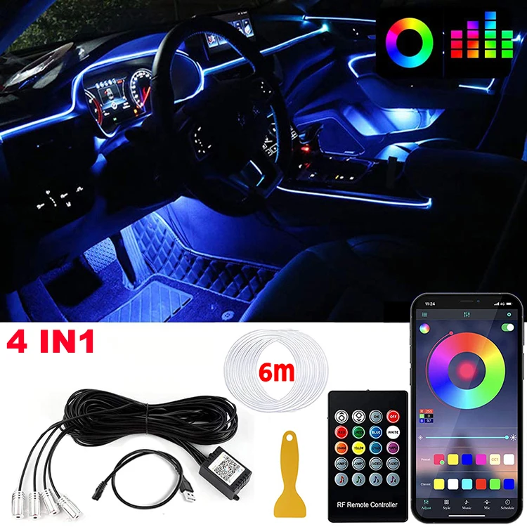 Tira de luces LED para Interior de coche, Kit de iluminación de neón de fibra óptica RGB con Control remoto por aplicación, lámparas decorativas automáticas