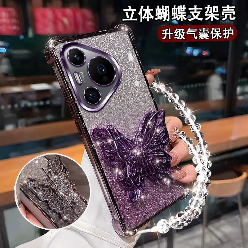 Gradient Glitter Butterfly Wrist Chain Holder Stand Shockproof Case