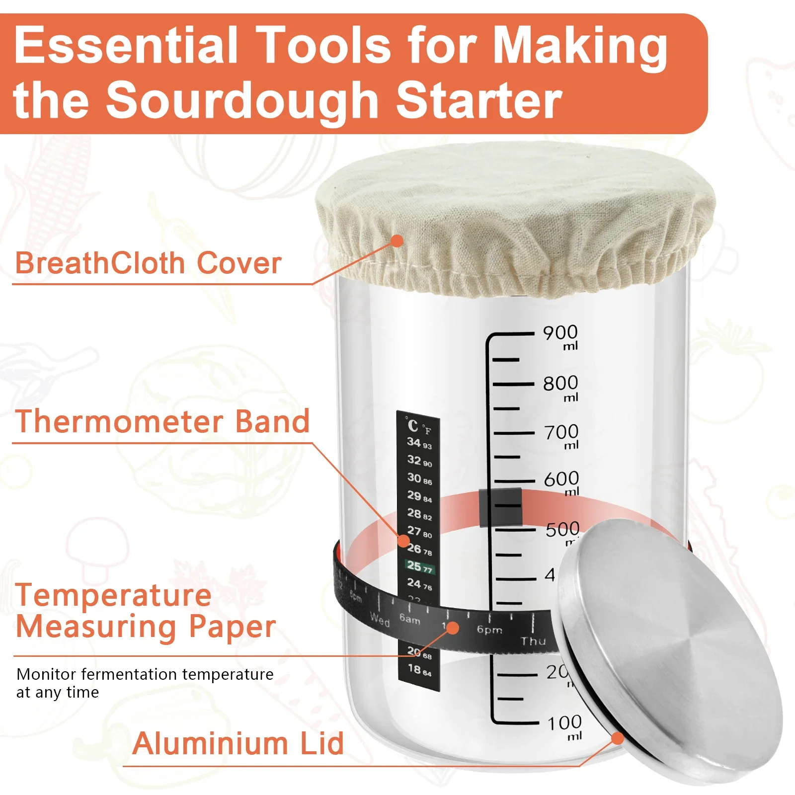 900ml Sourdough Starter Jar Kit Clear Glass Heat Resistant Sourdough Starter Container Baking Fermentation Jar Food Storage Tool
