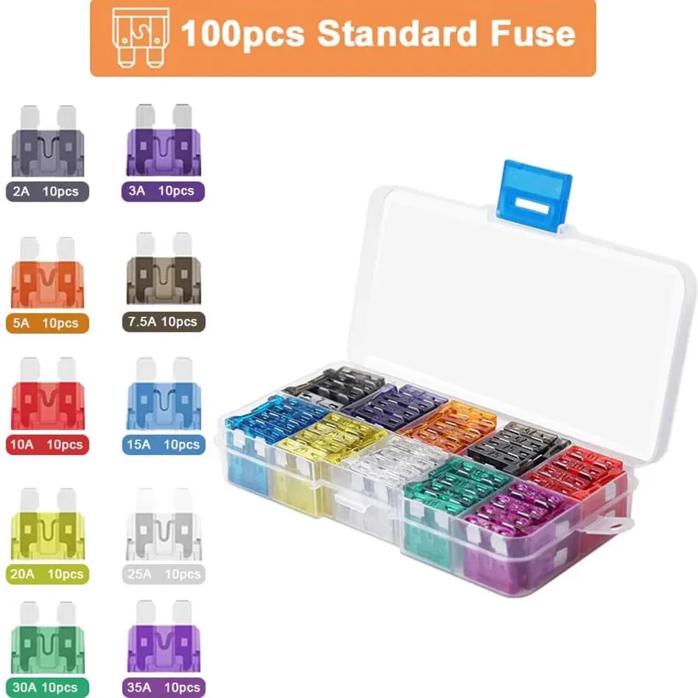 10 Types Auto Fuse Kit 100Pcs Blade Type Fuse Set 2A 3A 5A 7.5A 10A 15A 20A 25A 30A 35A Car Fuse Assortment with Box