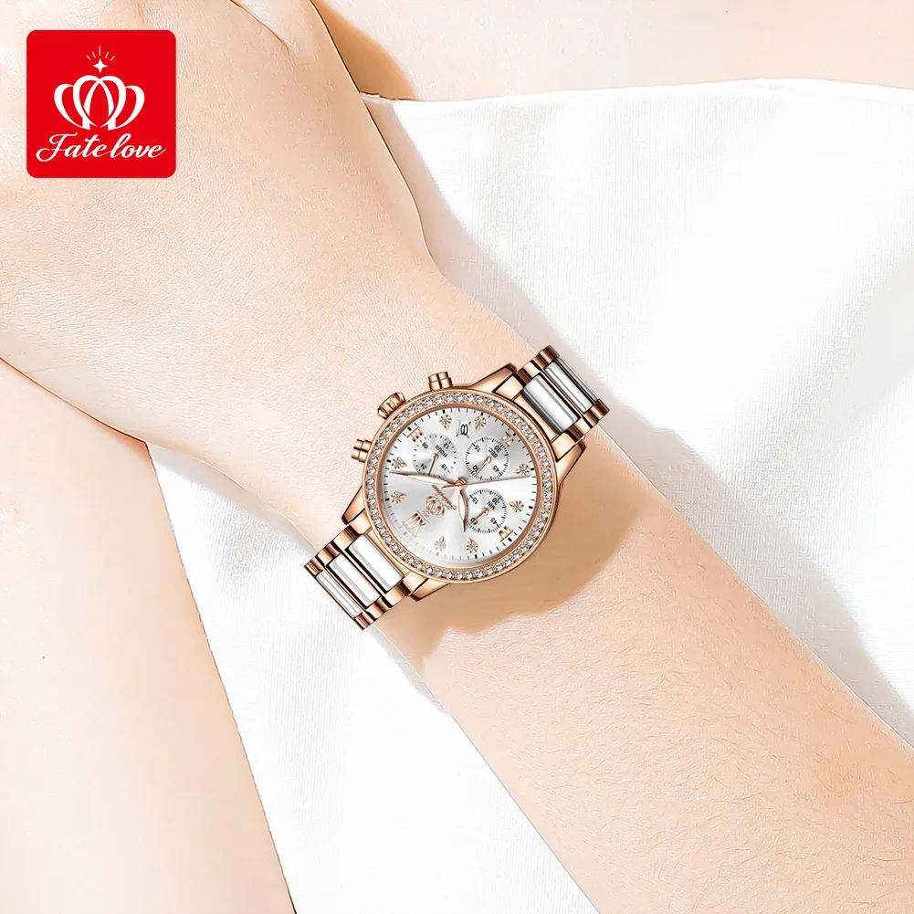 Fate Love 881 Luxury Quartz Watch For Women Chronograph Calendar Wristwatches Luminous Waterproof Ceramic Strap Women's Watches