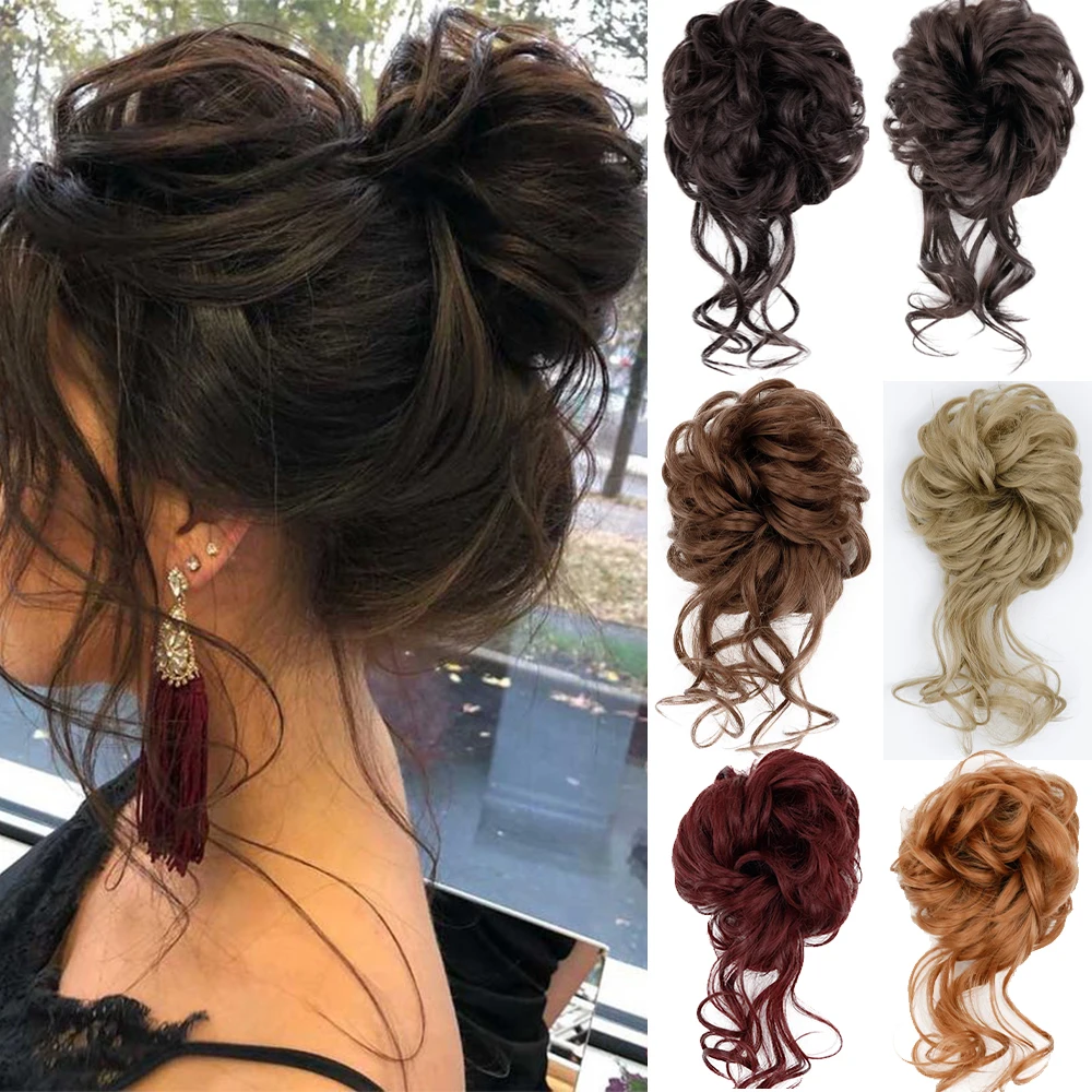 MISSQUEEN Synthetic Messy Curly Bun Extensions With Elastic Rubber Band Solid Color Black Brown Blonde Bun For Women Wigs