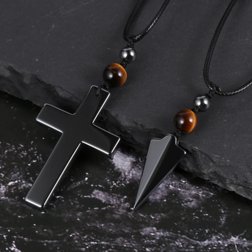 

Jesus Cross Arrow Hematite Pendant Necklace for Men Black Adjustable Knot Tiger Eye Bead Crucifix Lucky Women's Choker Necklace