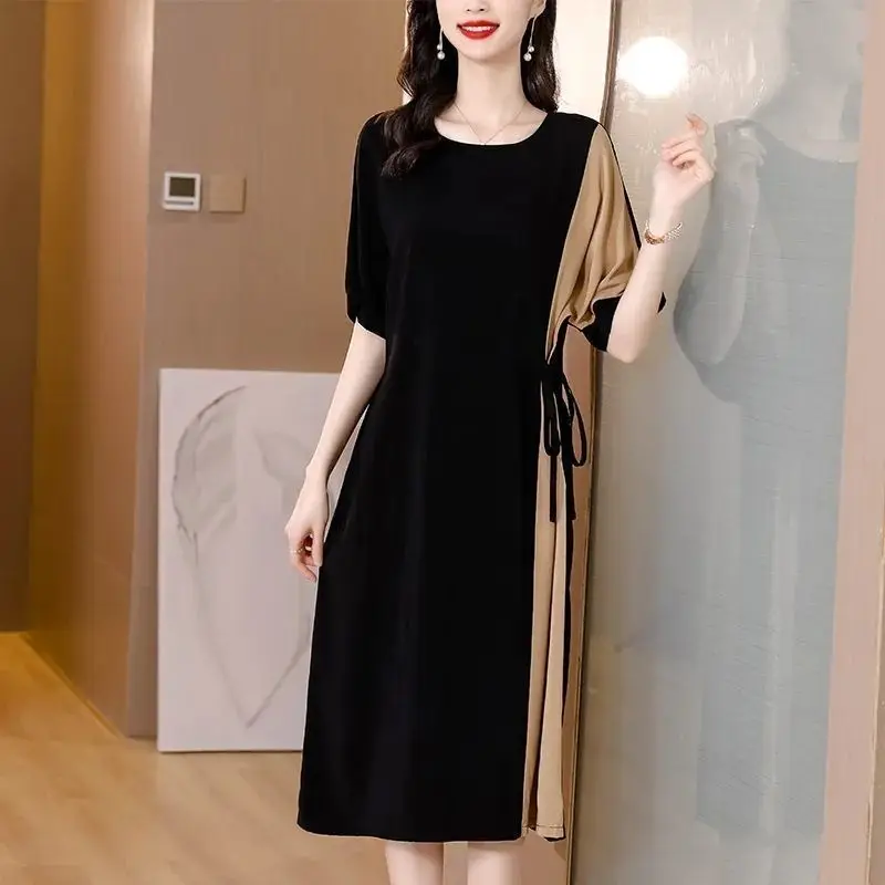 

Vintage Contrasting Colors Patchwork Dresses 2023 Summer New Loose Bandage A-Line Female Clothing Casual Round Neck Midi Dress