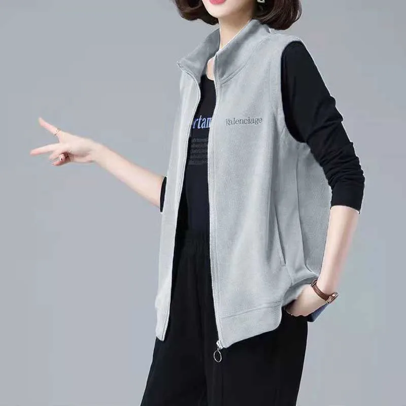 Fashion Stand Collar Zipper Solid Color Embroidery Vests Coats Women's Clothing 2023 Autumn Winter Casual Tops Commuter Jackets