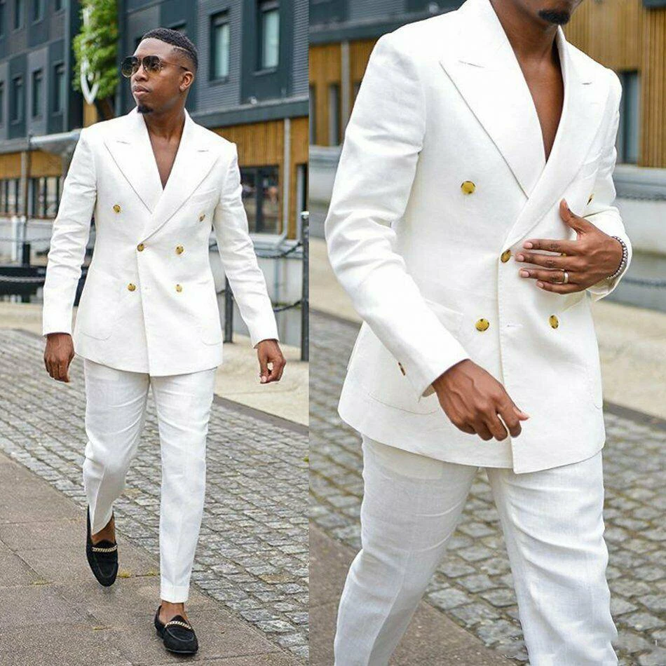 Trajes formales de lino blanco para hombre, ropa informal de playa esmoquin de botonadura para fiesta, boda, con solapa de pico (chaqueta + pantalones), 2022| | - AliExpress