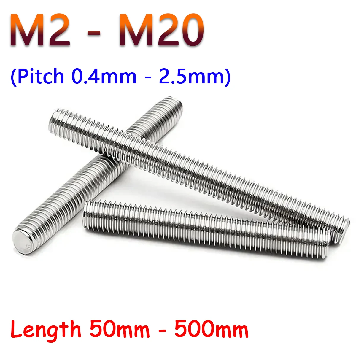 

1Pc 304 Stainless Steel Full Thread Screw Rods Headless Bolt M2 M2.5 M3 M4 M5 to M20 Fully Threaded Bar Stud Length 50mm - 500mm