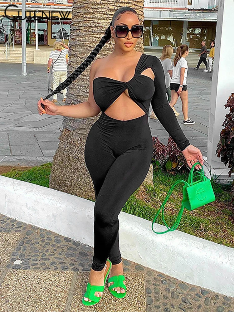 

Cutemew Sexy Hollow Out One-Shoulder Asymmetry Women's Jumpsuit Summer Casual Slim Elasticity Comfortable Pants Streetwear New