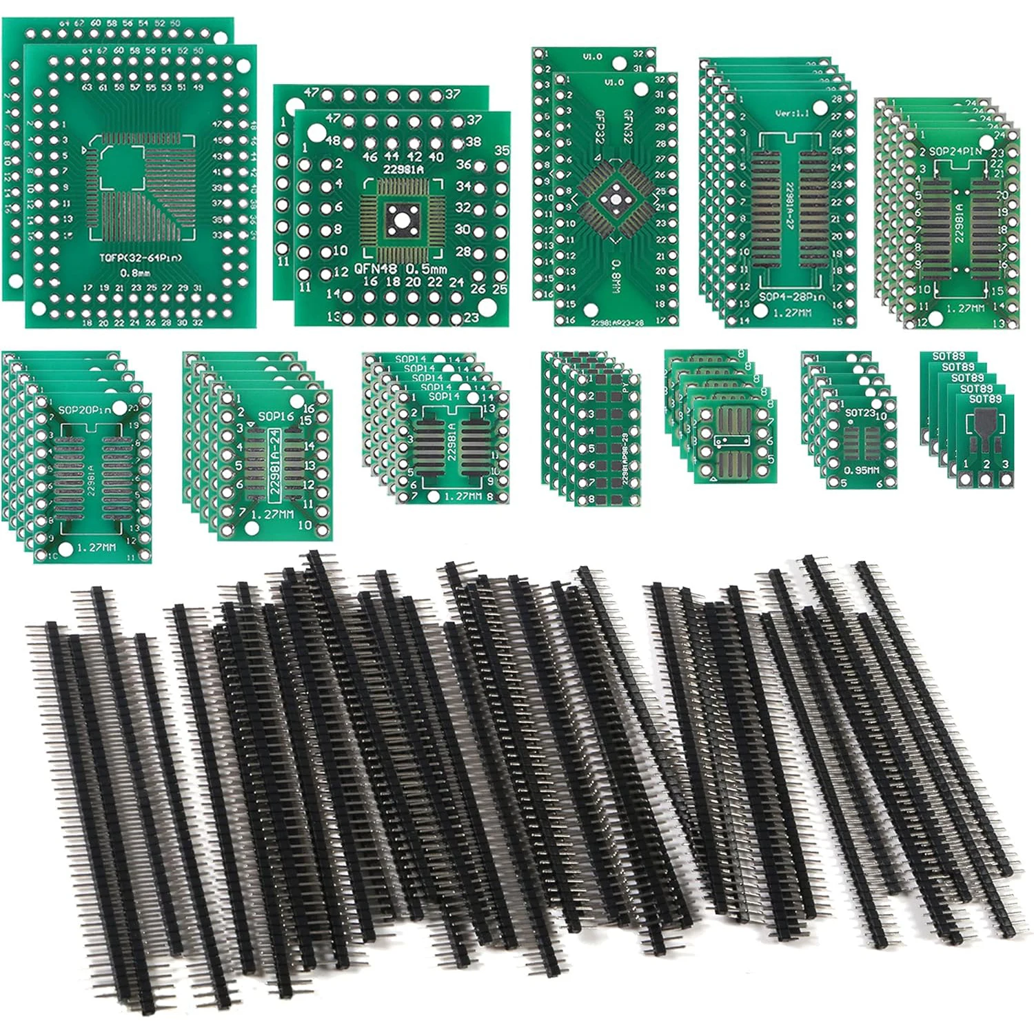 Adaptateur SMD vers DIP, 51 pièces, 12 Types, carte PCB Proto, convertisseur de plaque SOP SOT 0402/0603/0805 TQFP QFN + 40 pièces 2.54mm mâle 40 broches