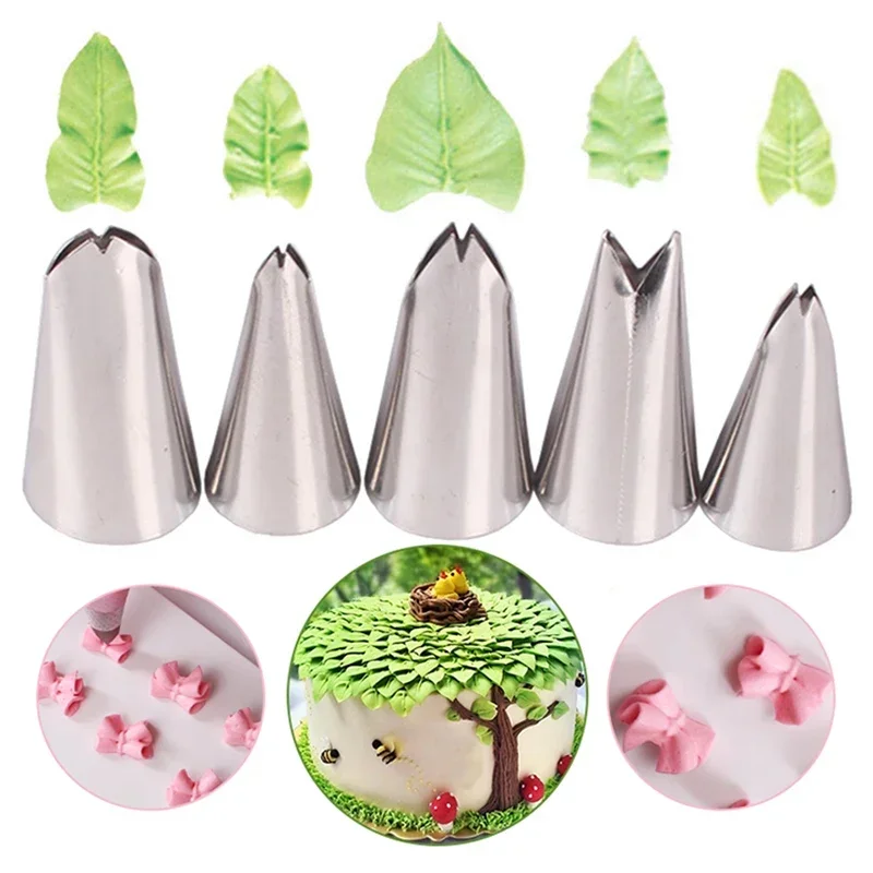 5pcs For Create Cream Leaves Bows Stainless Steel Icing Piping Nozzles Pastry Tips Fondant Cake Decorating Tools Kitchen Gadgets