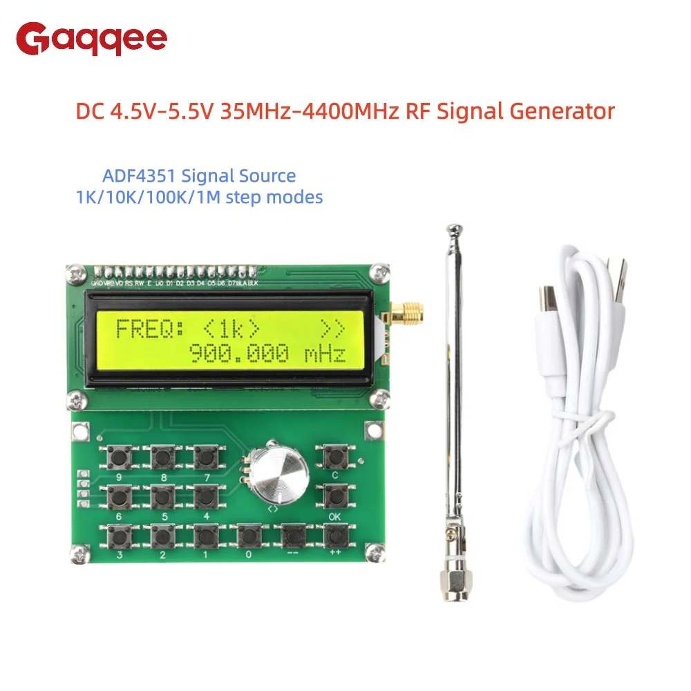 DC 4.5V-5.5V 35MHz-4400MHz RF Signal Generator 1K/10K/100K/1M step modes ADF4351 signal source Type-C interface