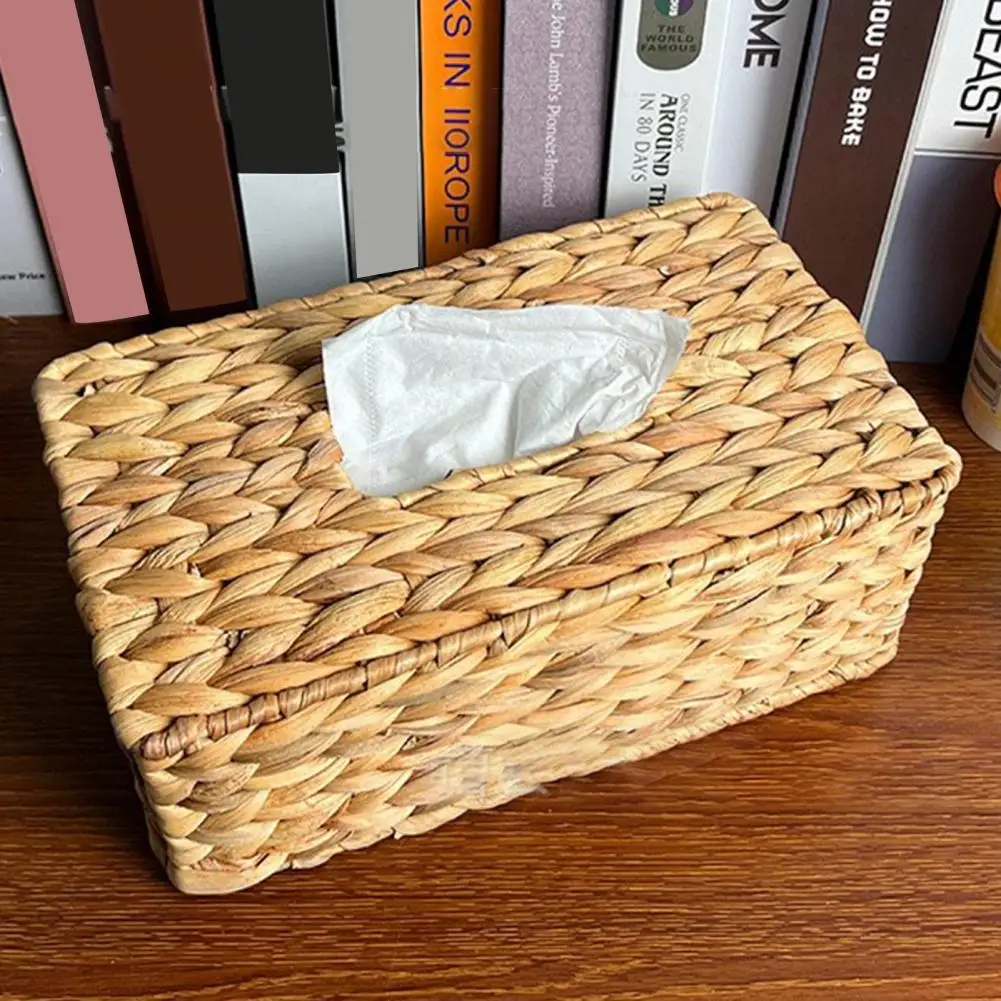 Tissue Box Holder Water Hyacinth Handwoven Straw Basket Natural Wicker Napkin Dispenser Square Facial Tissue Organizer For Table