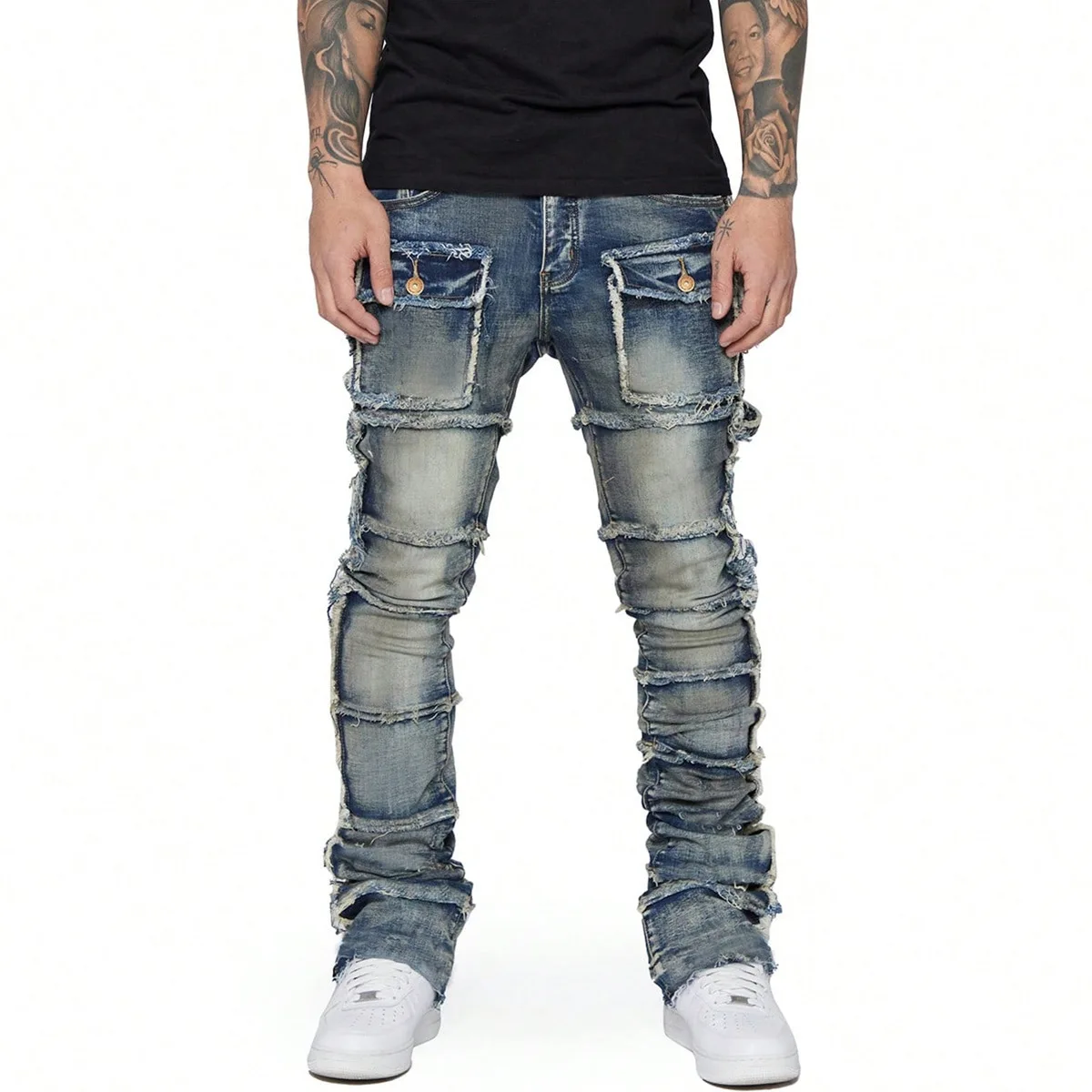 Retro Cargo Jeans Men Stretchy Ripped Washed Y2k Pants Straight Leg Male's Patched Denim Trousers men jeans,ripped jeans,ripped patchwork jeans