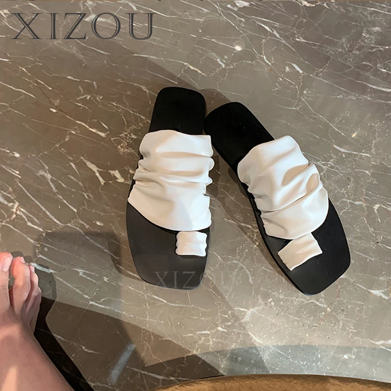 

Genuine leather design sense clip toe pleated flat bottom slippers female summer square head outside wear beach sandal slippers