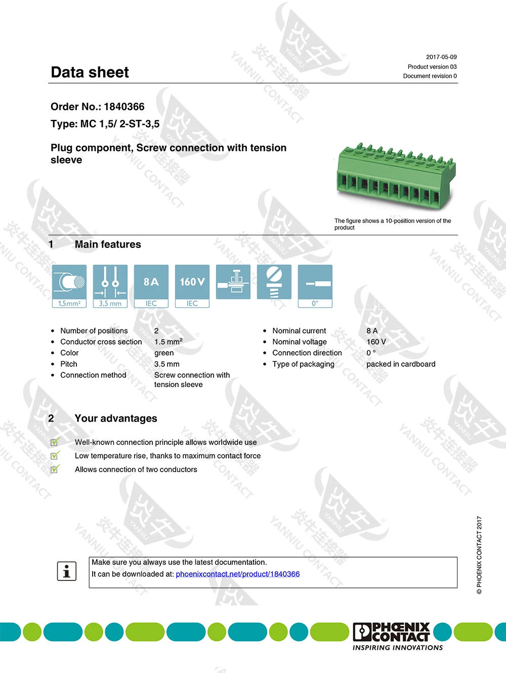 Description Picture 2 of item3.5mm Original Genuine Phoenix Contact Connector PCB Pluggable PLUG-IN Terminal Block Socket 2 Pin MC 1.5 ST 3.5 1840366 8A 160V