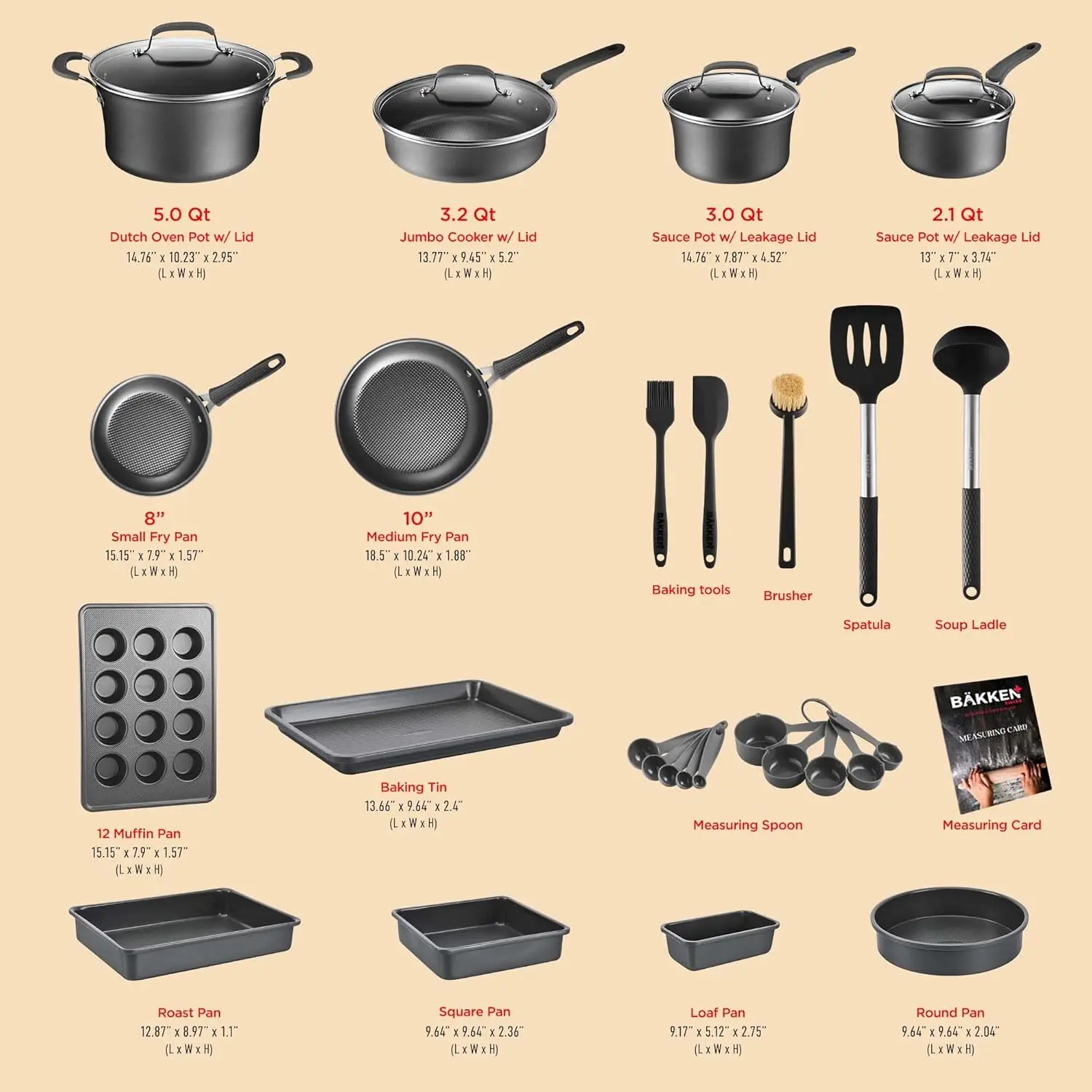 Set &ndash; 23 Piece &ndash;Black Multi-Sized Cooking Pots with Lids, Skillet Fry Pans and Bakeware &ndash; Reinforced Pressed Aluminum Metal
