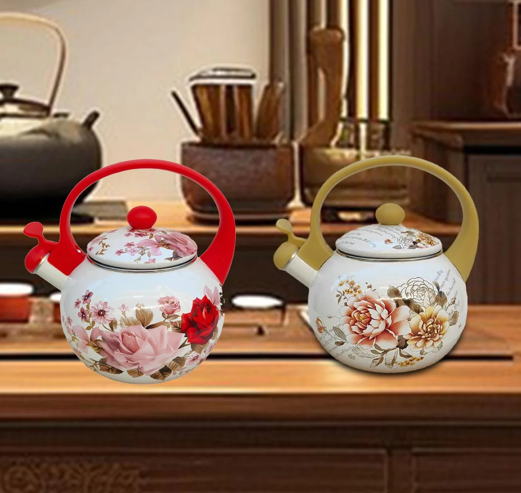 2.2L Juice Water Jug with Lid Floral Enamel Pot Tea Coffee Kettle for Party Camping Kitchen Household