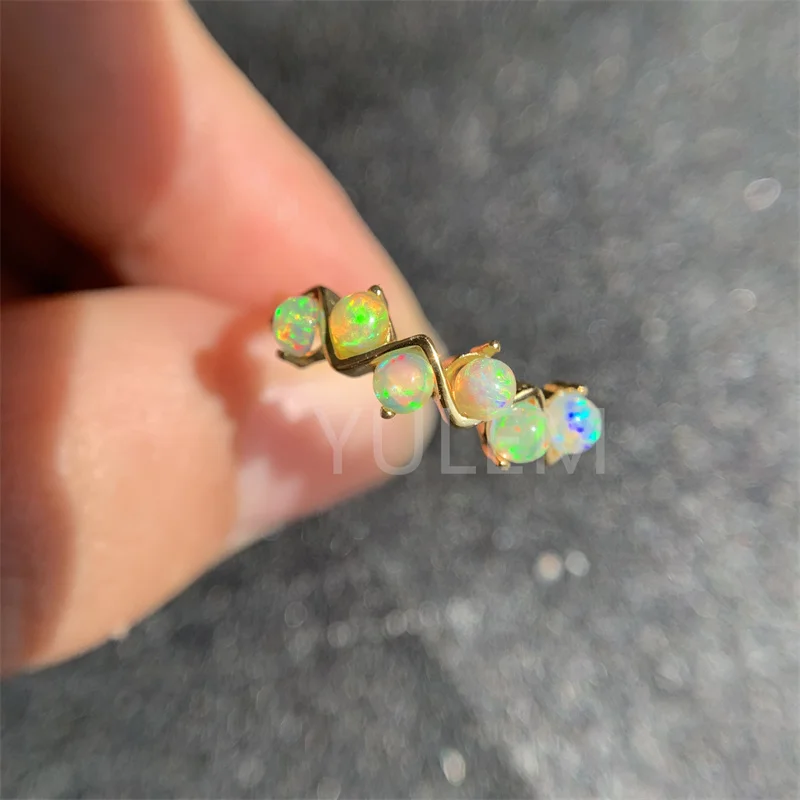 YULEM White Fire Natural Opal 3mm 5pcs Opal Wave Shape Vintage Silver 925 Wedding Engagement Rings for Women
