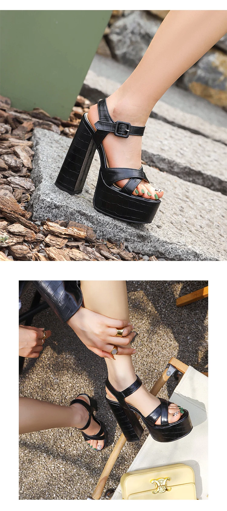 Ultra High Thick Heels Crossed Thin Straps Peep Toe Shoes Stone Pattern High Platform Square Buckle Women's Sexy Sandals