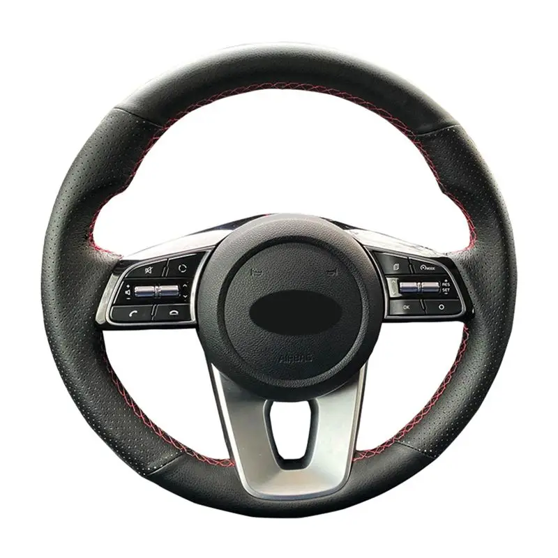 Car Steering Wheel Cover Hand Sewing Black Artificial Leather Braid No