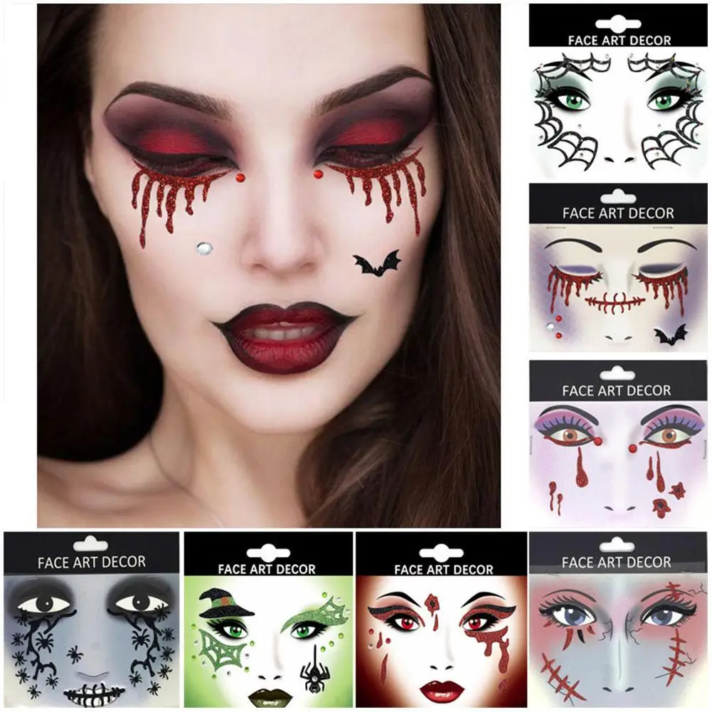 Halloween Gesicht-Juwelen – Strass-Sticker & Temporäre Glitzer-Tattoos | Wiederverwendbar & Hautverträglich