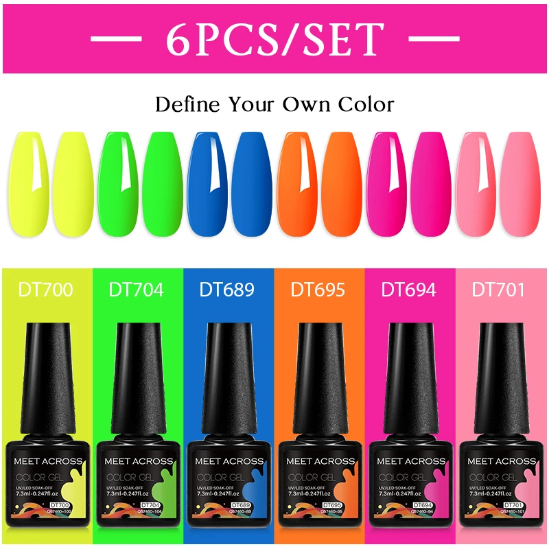 

6Pcs/Set 7.3ml Fluorescent Gel Nail Polish Spring Summer Neon Color Semi Permanent Varnish Soak Off UV Gel Polish Nail Art Kits