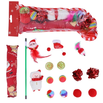 15pcs/set Multi-color Christmas Pet Cat Toy Set Interactive Cat Toys Stick Feather Toy Combination Set PE Sock Packaging Gifts 1