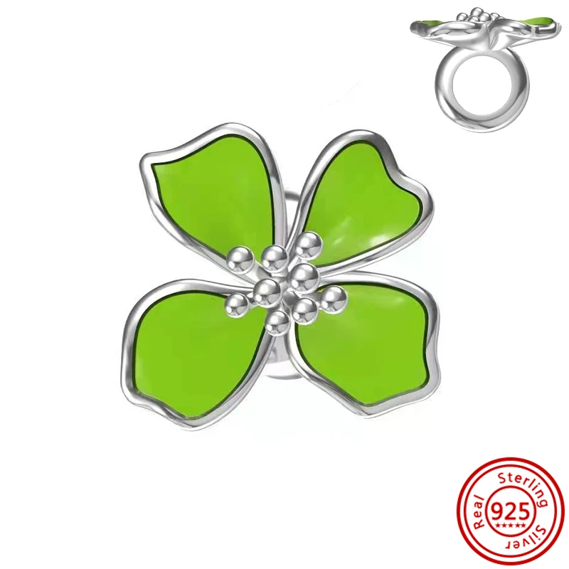 New 925 Sterling Silver Green Pink Four-Leaf Clover Pendant Pavé Shiny DIY Beads Fit Original Pandora Charms Bracelet Jewelry