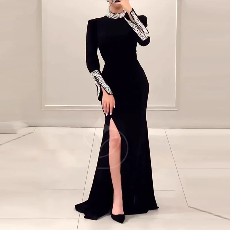 Women Elegant Solid High Slit Party Dress Temperament Long Sleeve