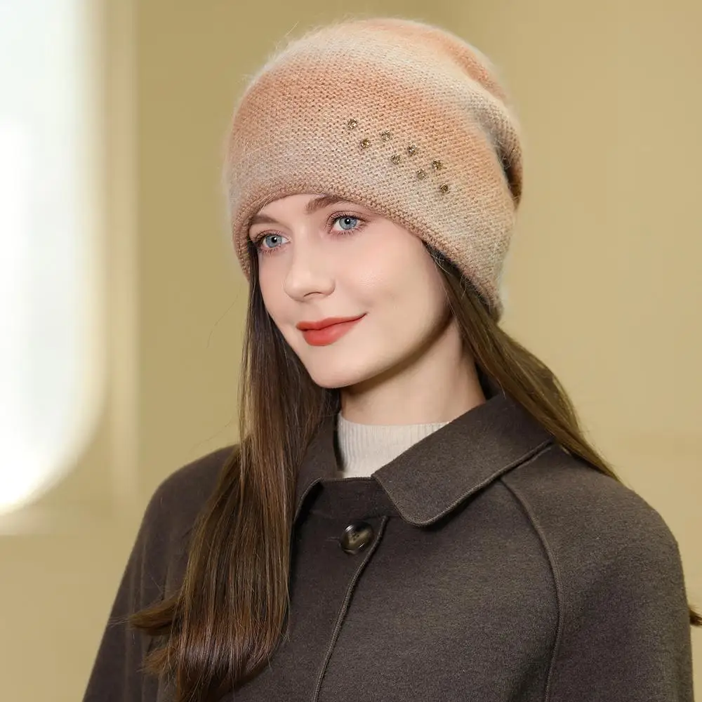 New Women Rabbit Fur Gradient Winter Hat Fashion Decorate Beanie Hat Warm Winter Cap For Female Casual Streetwear Knitted Hat