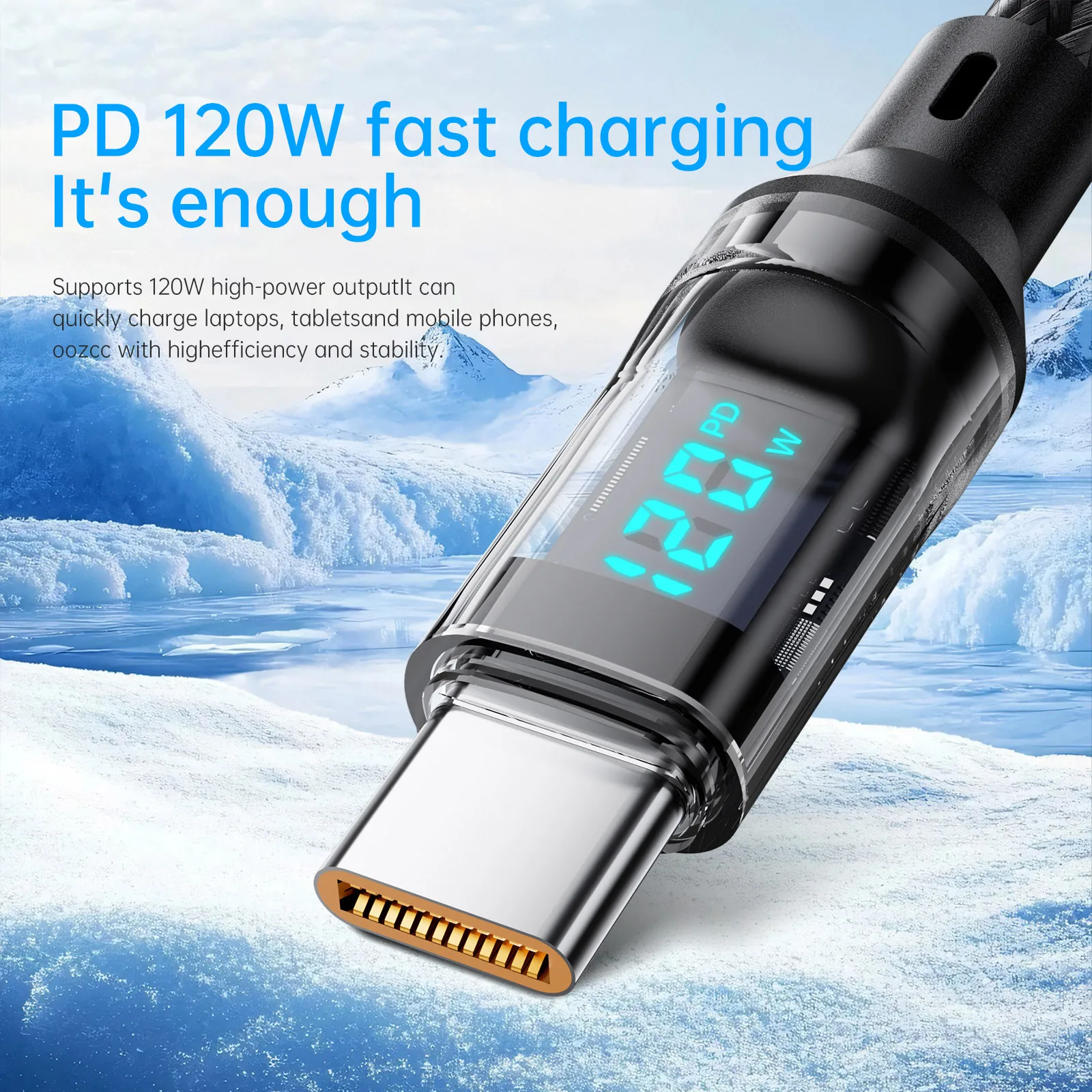 oozcc 120W MAX 6A 초고속 충전 LCD 다이내믹 디스플레이 케이블, USB-A to Type-C PD 케이블 나일론 데이터 동기화, 삼성 호환