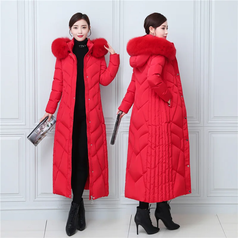 Women Down Coat Slim Fit Length 125cm Thickening Windproof Waterproof Detachable Fox Fur Collar X-Long Duck Down Jacket