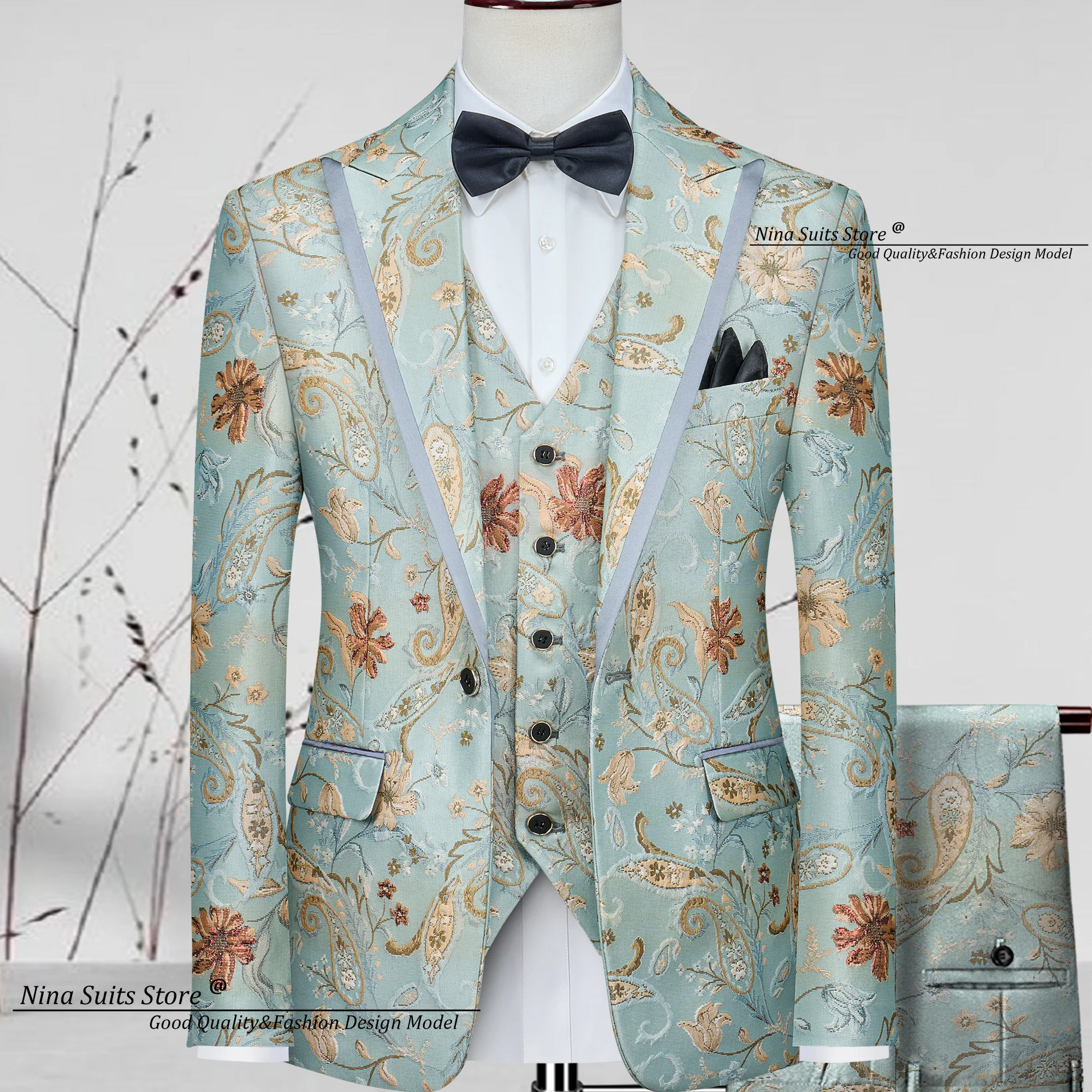 Nina Store 2025 Spring New Flower Jacquard Suit 3-Piece Elegant Palace Flower Pattern Costume for Men's Fashion Male Tuxedos