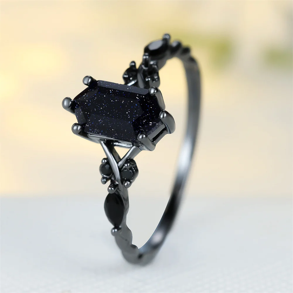 Geometric Stone Blue Crystal Black Zircon Rings For Women Vintage Black Metal Engagement Bands Wedding Jewelry Bridal Party Gift