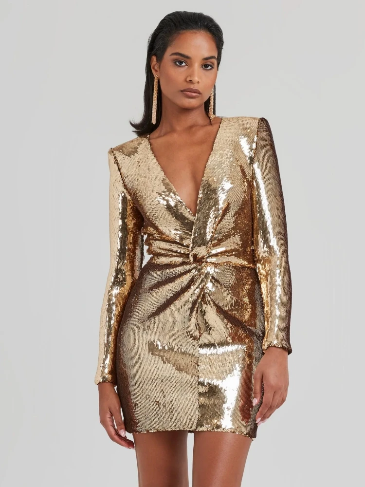 

Women Long Sleeves Glitter Gold Mini Bodycon Dres Sexy Deep V Neck Sequins Bodycon Mini Dresses Celebrity Evening Party Club Ves