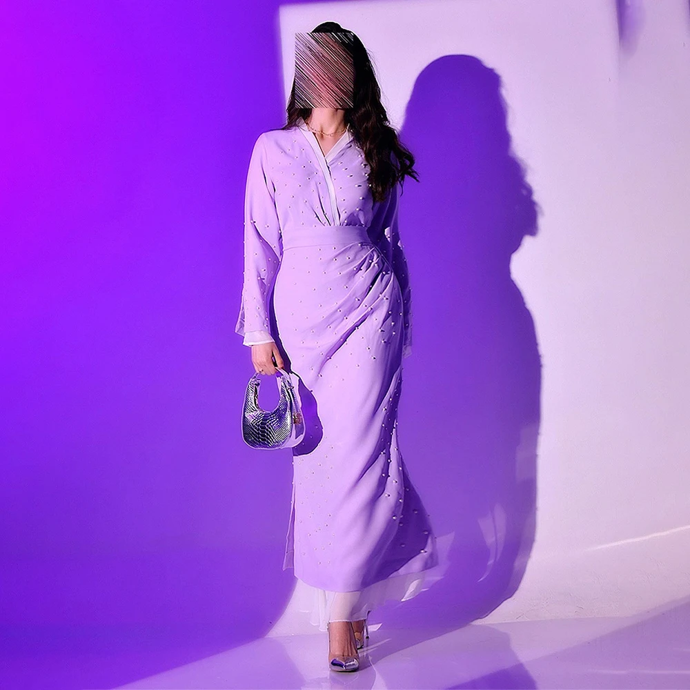 

Вечернее платье с длинным рукавом, вечерние платья с V-образным вырезом, прямые Изысканные жемчужные платья до щиколотки для выпускного вечера