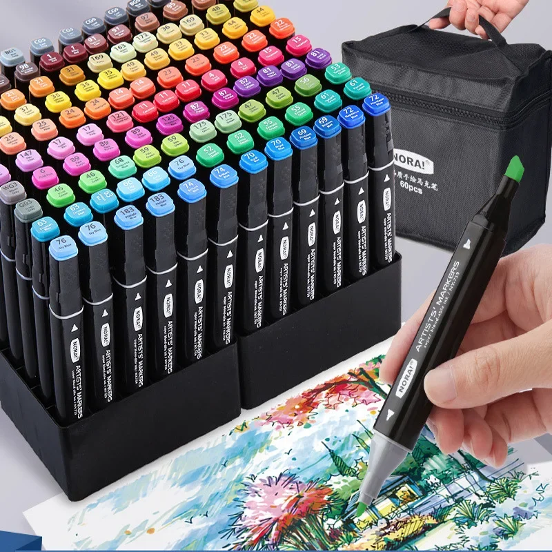 

30/60 Color Markers Double-headed Square Pen Holder Student Painting Set Alcohol Oily Quick-drying Watercolor Marker