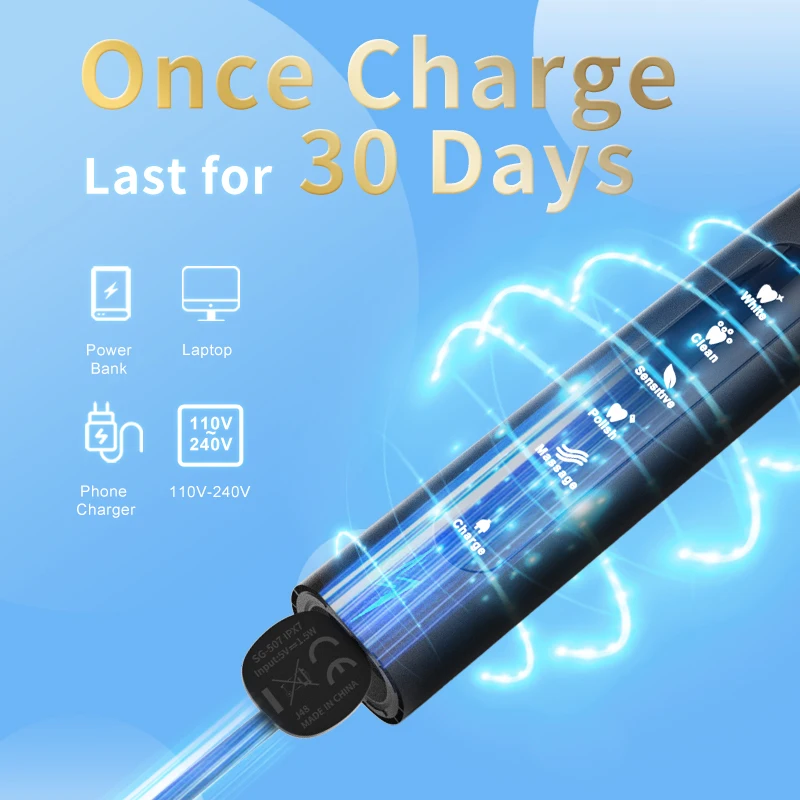Sonic Electric Toothbrush Rechargeable 5 Modes Oral Clean Soft Bristle Brush Heads